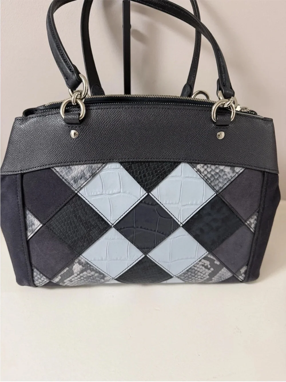 NWOT! Coach Patchwork Leather & Suede Satchel - Black and Light Gray, Blue